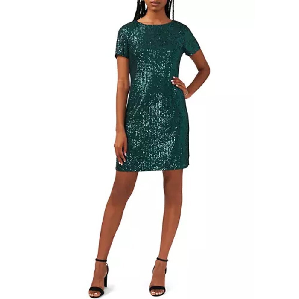 MSK Sequins Round Neck Short Sleeve Mini Shift Dress